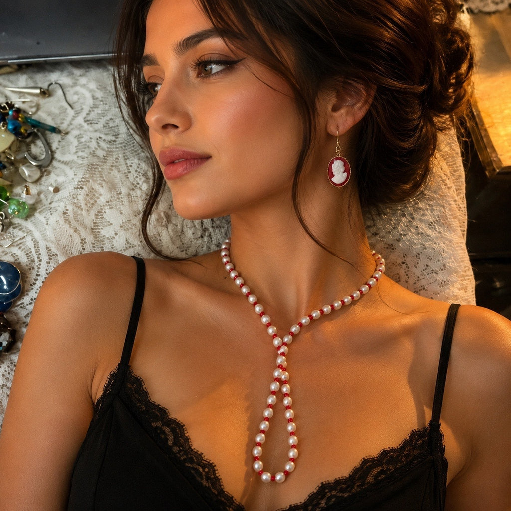 Romantic Regency 3-Piece Curated Jewelry Lot: Cameo Drop Earrings & Pearl Strand Set
