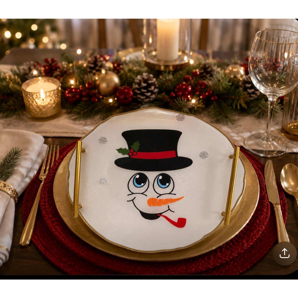 Handcrafted Festive Snowman Plate with Gold Accents
