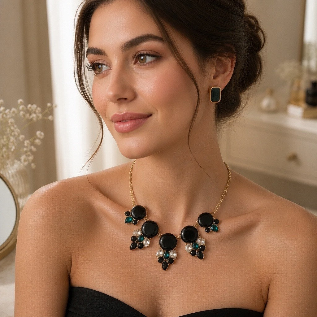 The Hollywood Glamour:  Mid Century Vintage Onyx Black Gold Earrings & Emerald Green Cluster Statement Necklace