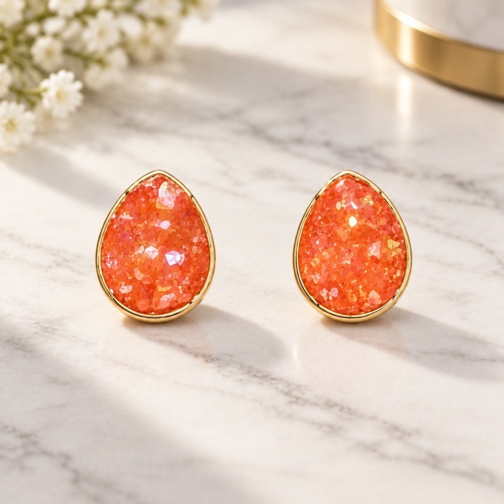 Vintage Raw Jasper Orange Teardrop Druzy Stud Earrings -