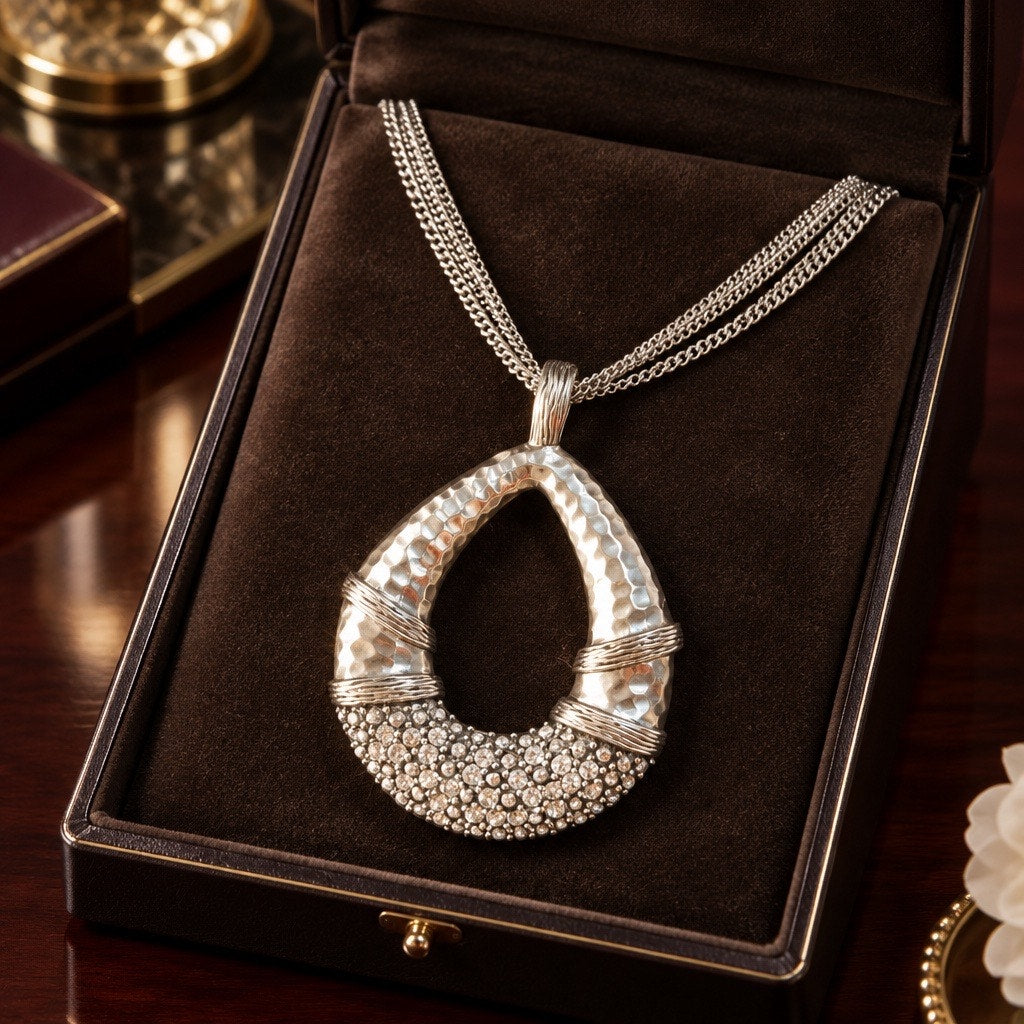 Vintage New Premier Designs Silver Hammered Teardrop Rhinestone Statement Necklace