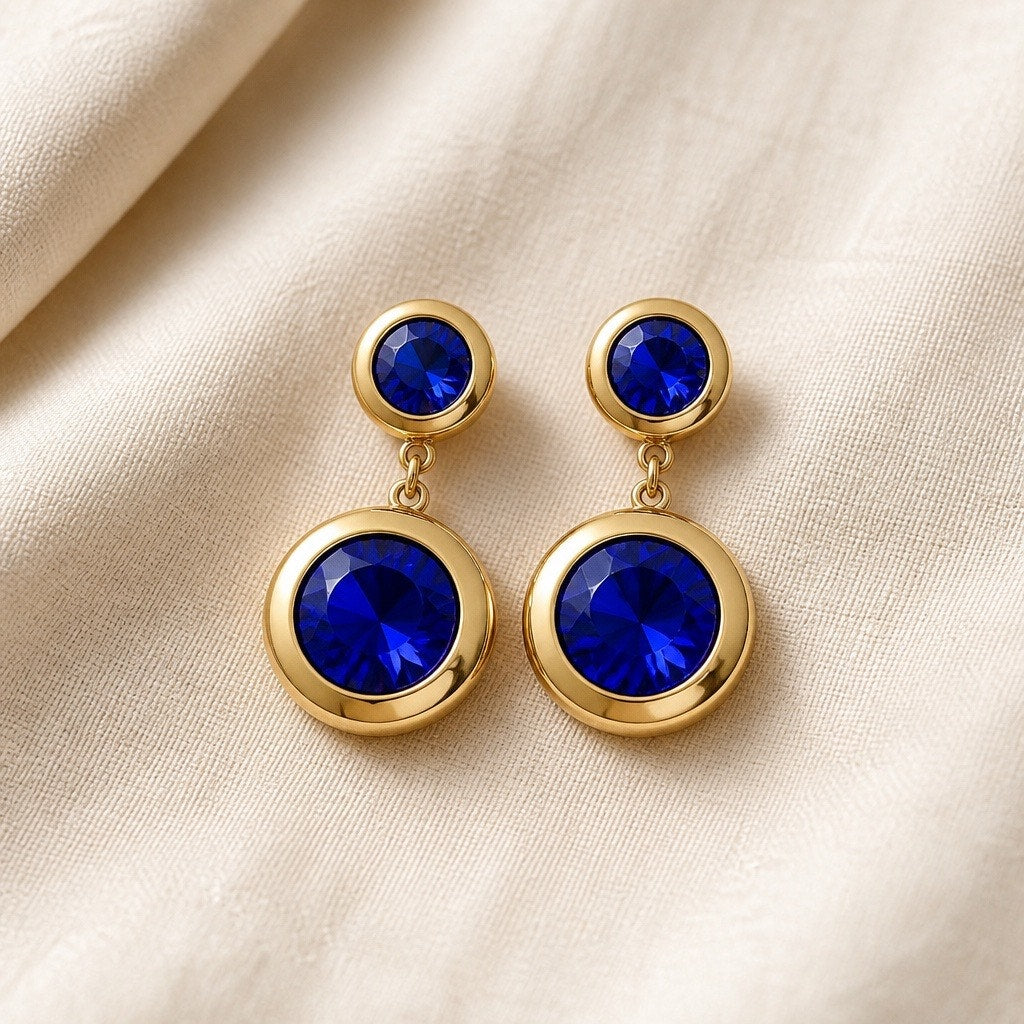 The Riviera Drops – Royal Blue Crystal & Polished Gold Statement Earrings