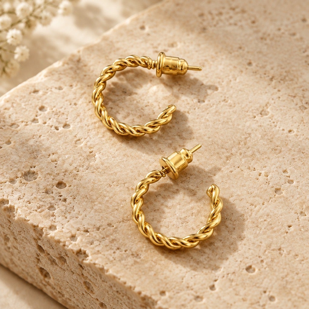 c1980s Vintage Italian Runway Gold High-Polish Twisted Rope Textured C Hoops