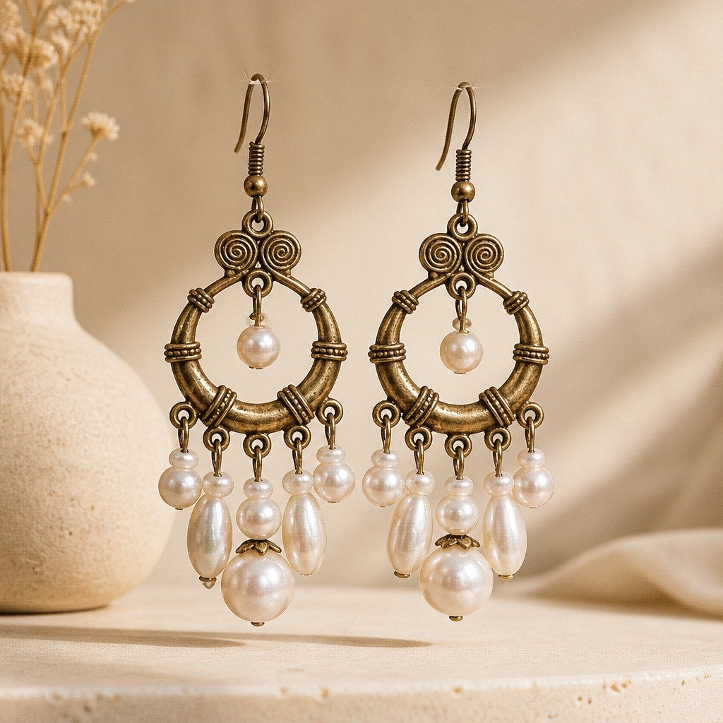 The Moroccan Palace Chandelier – Vintage Bronze & Baroque Pearl Fringe