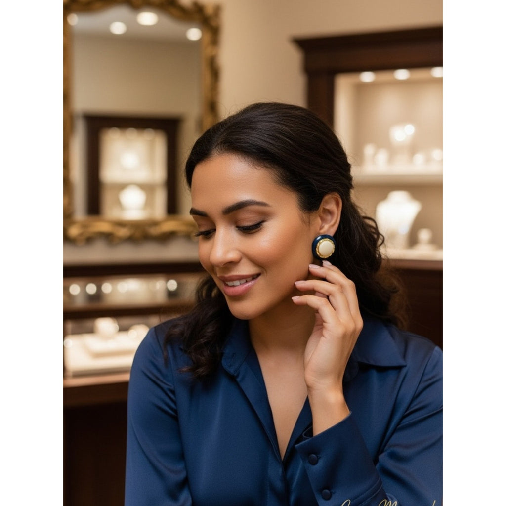 Vintage Classic Navy and Cream Round Button Earrings