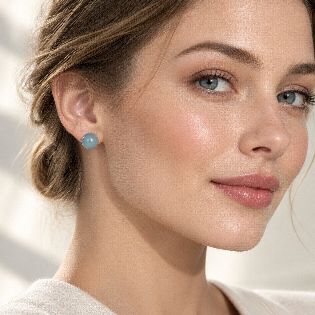 Dusty Blue Pearl Stud Earrings | Minimalist Round Slate Blue Pearl Posts