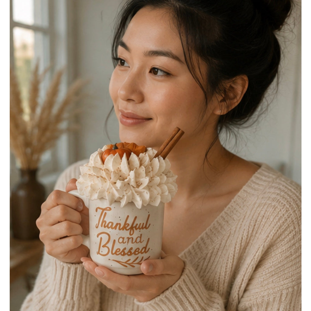 Rustic "Thankful and Blessed" Whipped Cream Mug Decor | Farmhouse Fall Coffee Cup Display