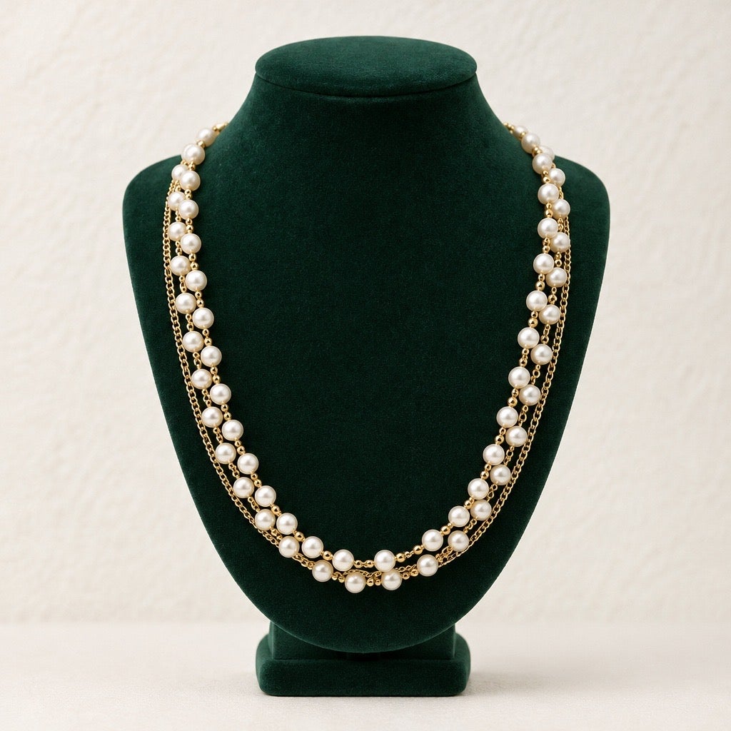 c. 1950s Vintage Style Multi Strand Layered Pearl and Golden Chain Draped Statement Necklace