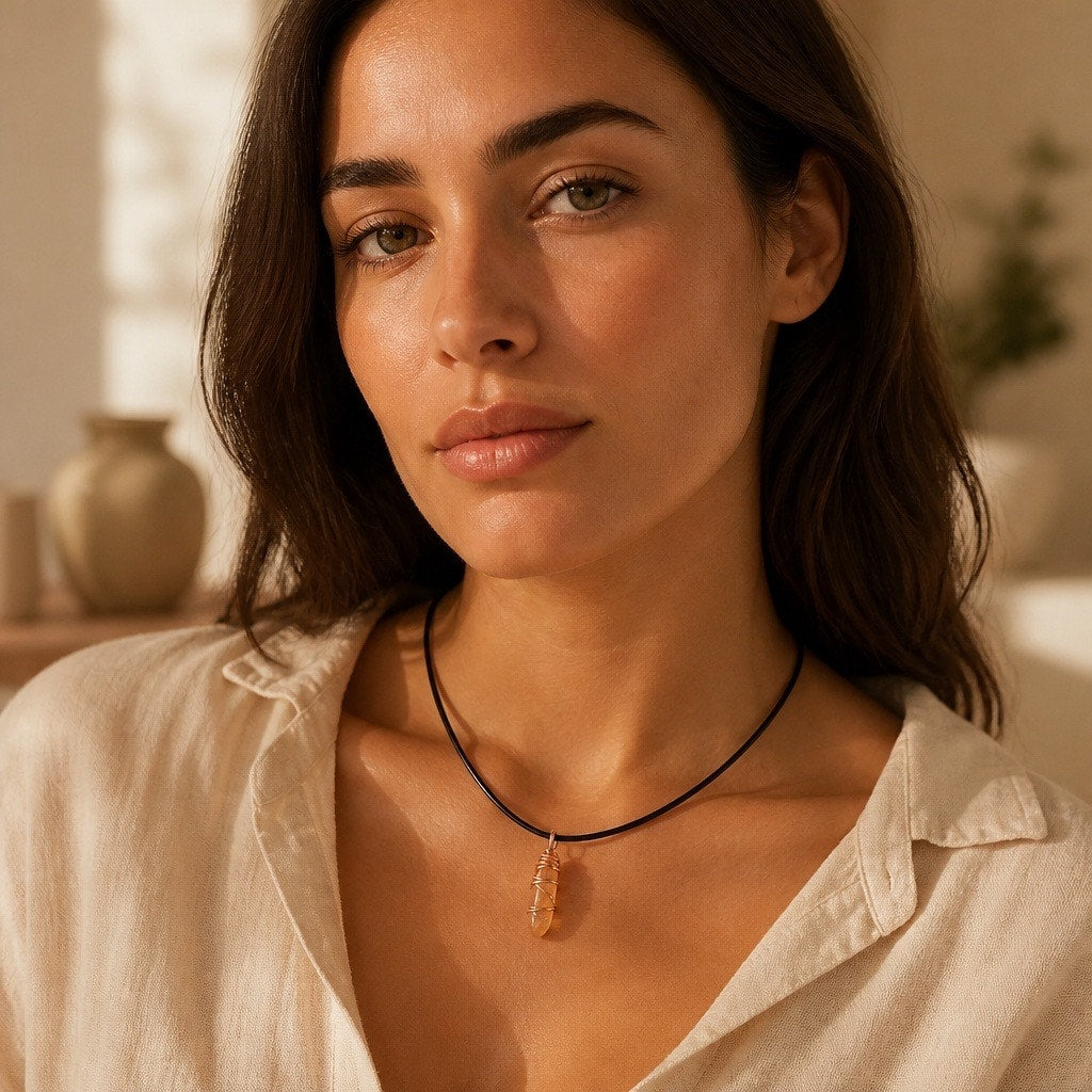 Raw Amber Quartz Crystal Pendant Necklace
