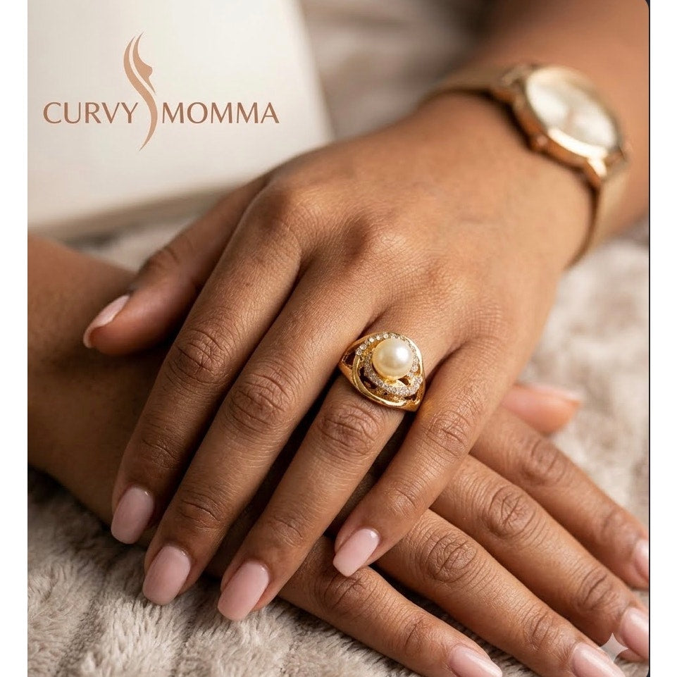Modern Luxe Pearl Halo Ring – Chunky Gold Cocktail Statement Ring