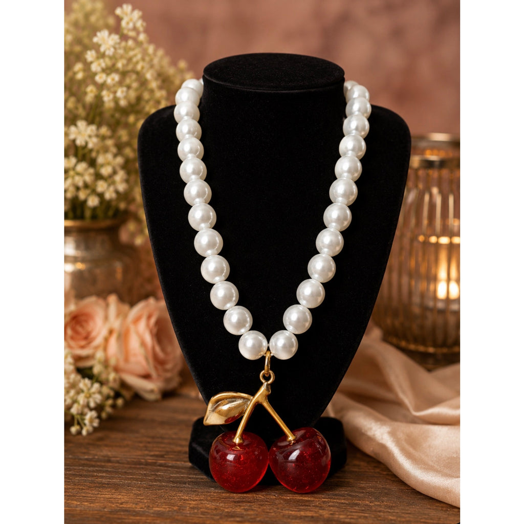 Retro Red Cherry Pearl Statement Necklace