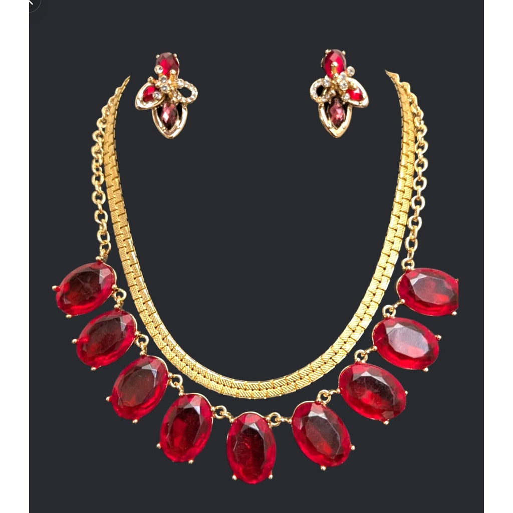 Vintage Gold Plated Signed Ruby Red Rhinestone Earrings/Necklace Set
