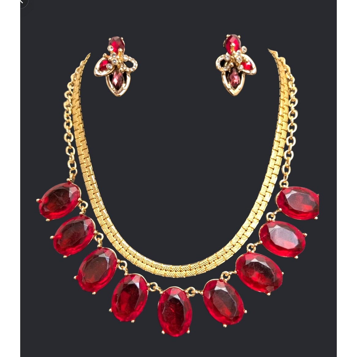 Vintage Gold Plated Signed Ruby Red Rhinestone Earrings/Necklace Set