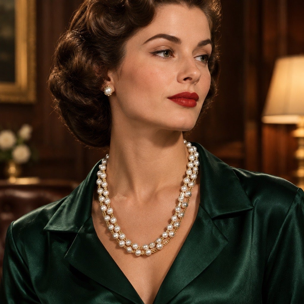 c. 1950s Vintage Style Multi Strand Layered Pearl and Golden Chain Draped Statement Necklace