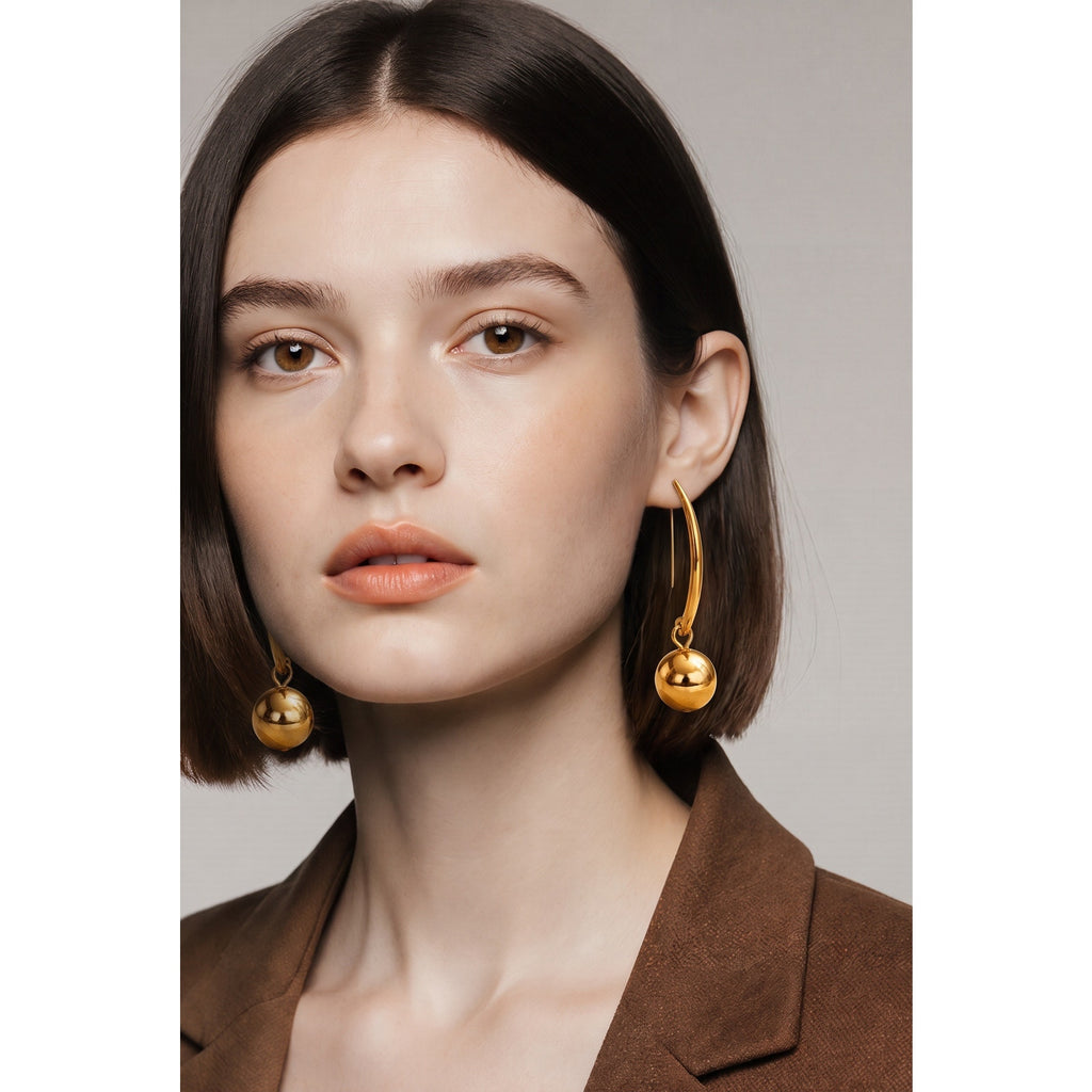 The Eclipse Drops – Minimalist Gold Arc & Sphere Dangle Earrings