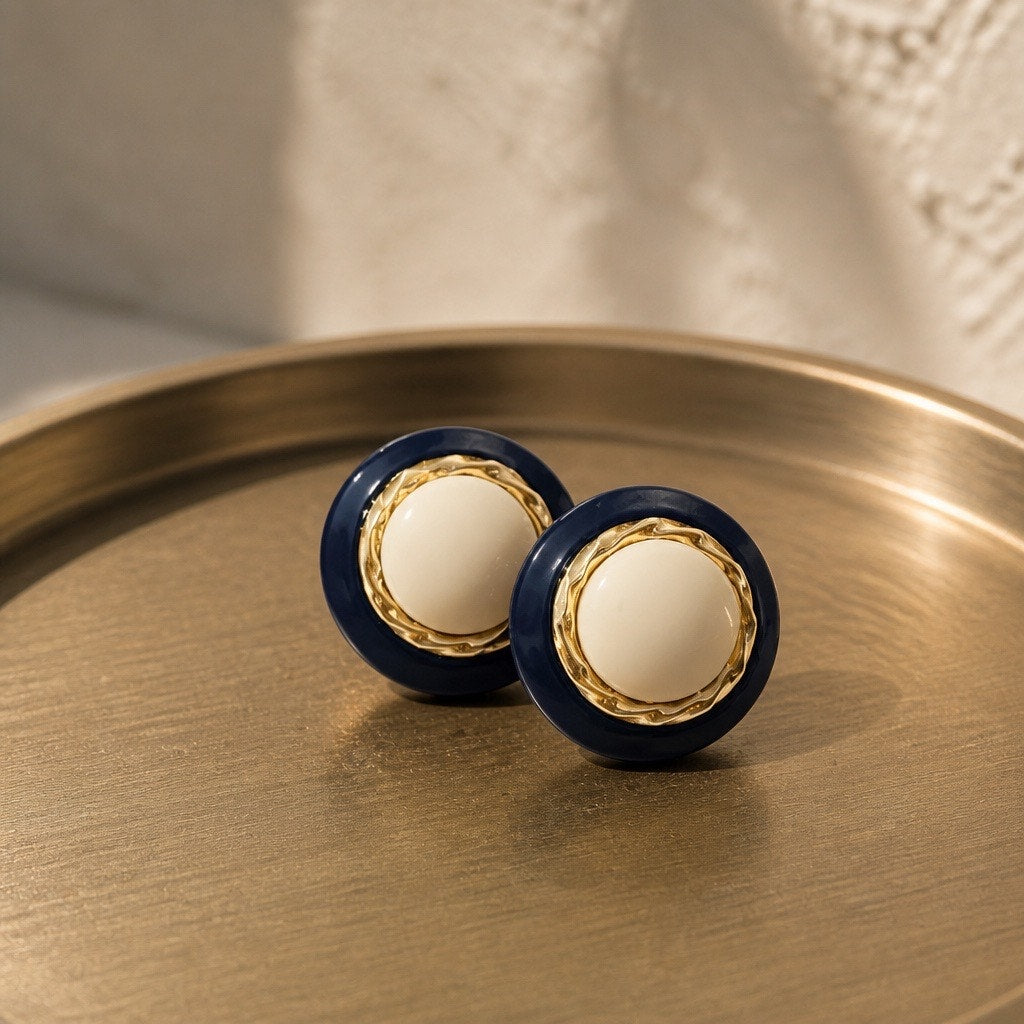 Vintage Classic Navy and Cream Round Button Earrings