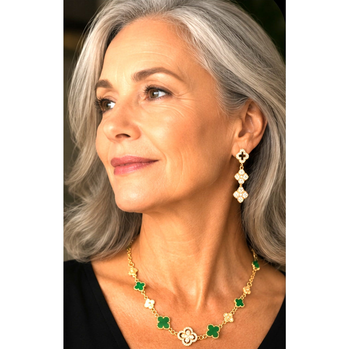Gold Tone Clover Station Necklace & Tiered Rhinstone Dangle Earrings Enamel Jewelry Set