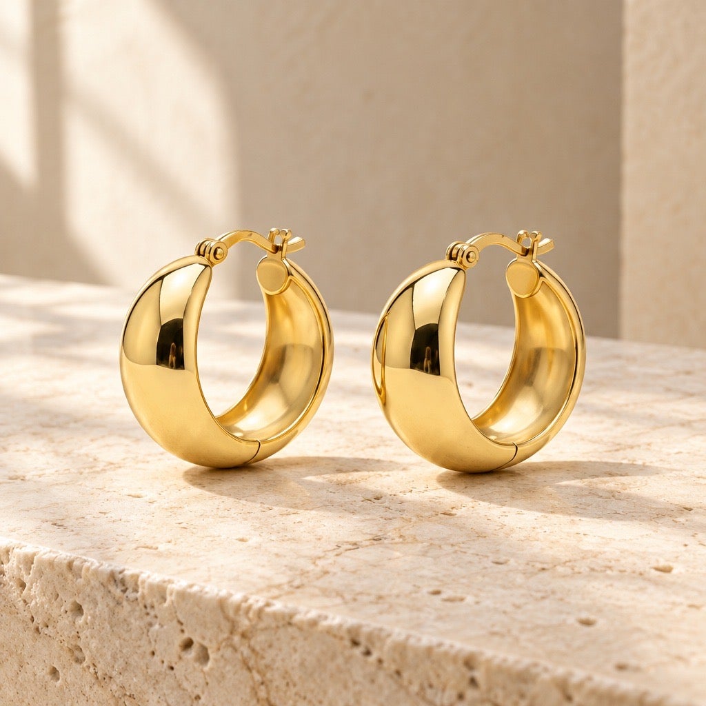 c 1990s Vintage Runway Chunky Golden High-Polish Teardrop Dome Hoop Earrings