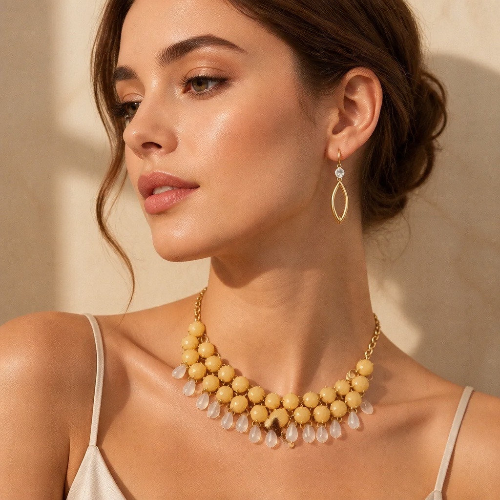 Aurelia Honey Yellow Bubble Bib Statement Necklace & Vintage Gold Dangle Set