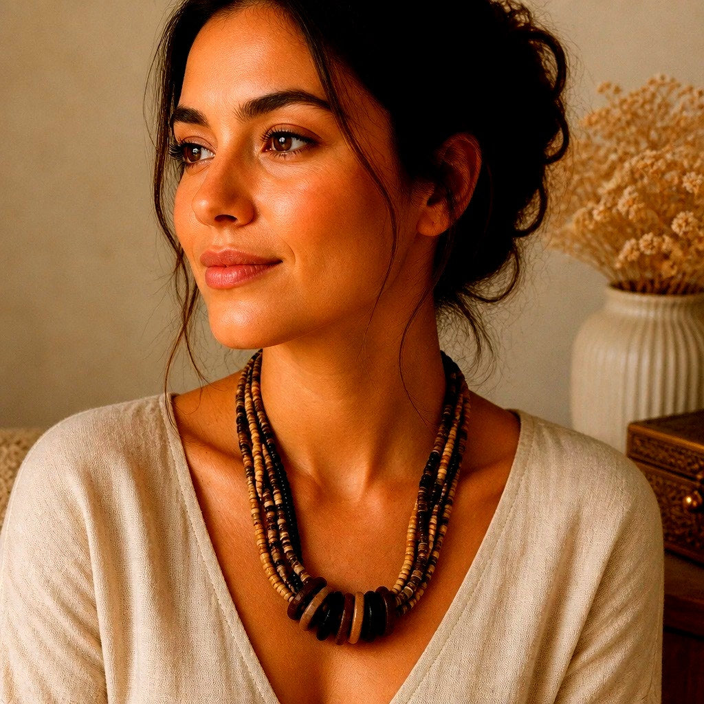 Sahara Sands Multi-Strand Heishi Wood Ring Statement Necklace