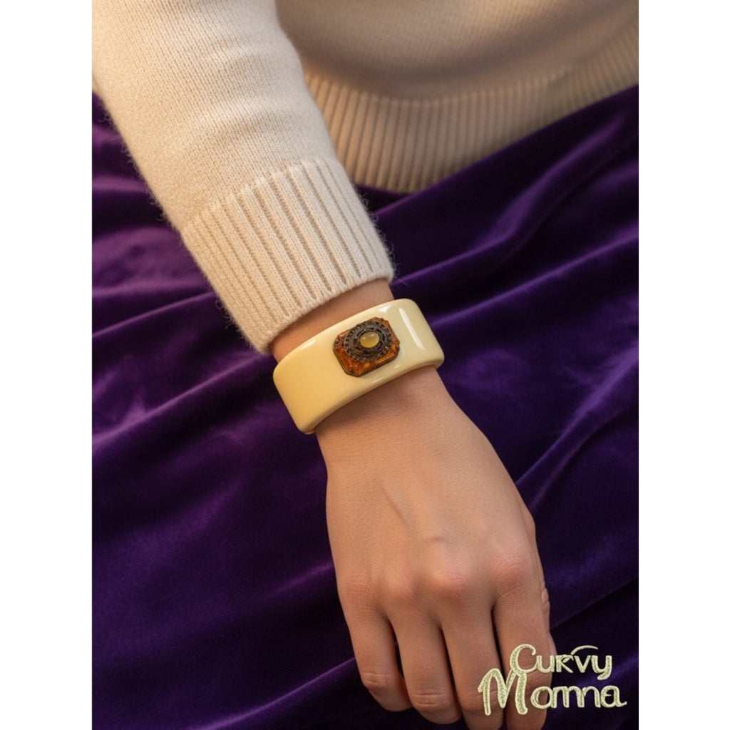 intage Chunky Cream Clamper Cuff Bracelet • Amber Rhinestone Focal
