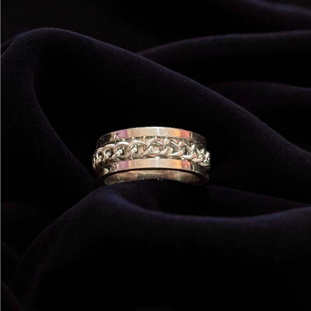 Stainless Steel Spinner Ring Men Women Curb Chain Inlay Fidget Band