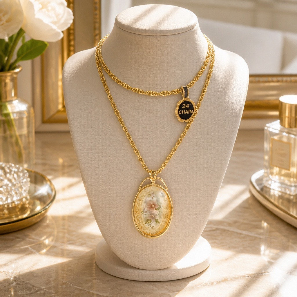 Vintage Glamour Find • 18K GF" NOS"  Gilded Floral Cameo Pendant Necklace ✨