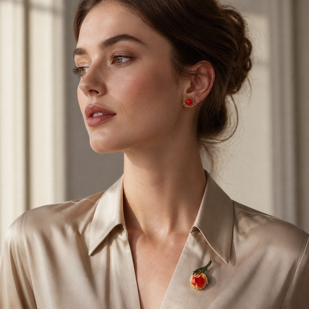 🍎 Cottagecore Enameled Rosy Apple Pomegranate Brooch Pin Stella & Dot Earring Set