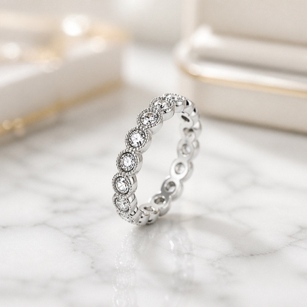 Full Eternity Ring with Bezel Set Crystals – Vintage Milgrain Silver Plated Wedding Band