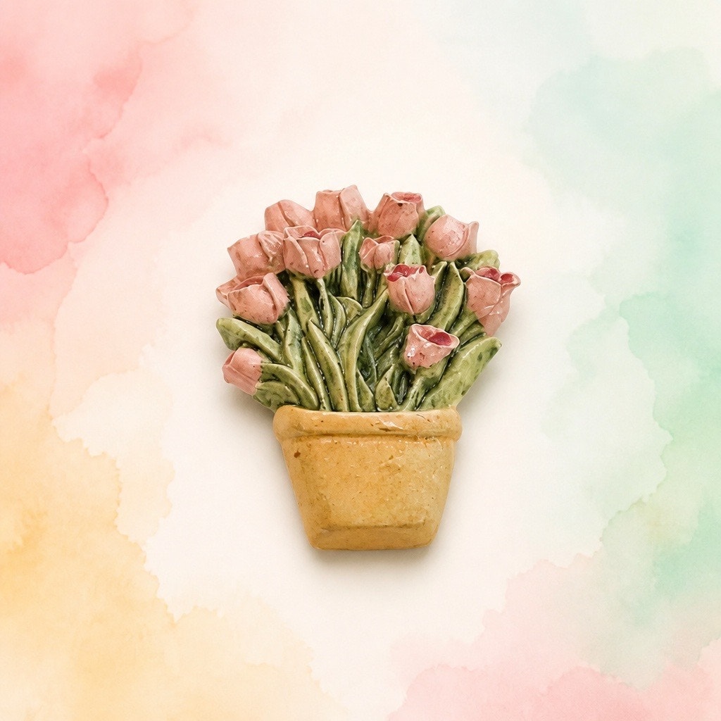 Vintage  Handcrafted  Pink Tulip Bouquet Ceramic Brooch