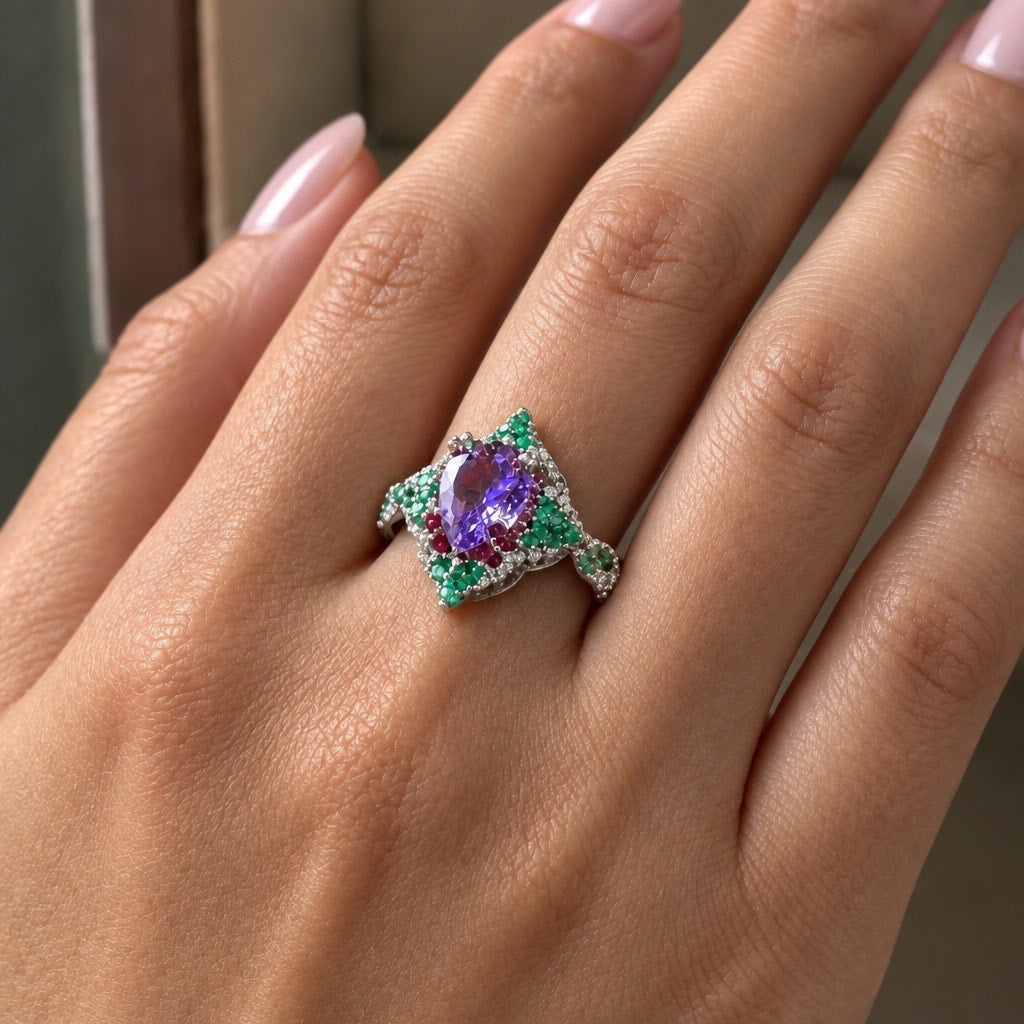 Vintage Cocktail Ring Purple Amethyst Green Emerald Halo Statement