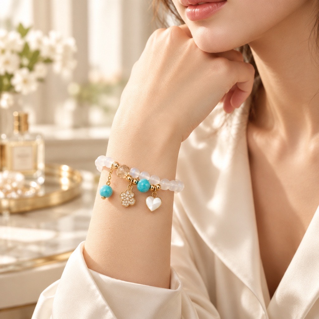 Celestia Alabaster Glass Charm Bracelet with Turquoise Accents & Pavé Clover