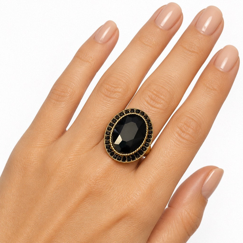 Vintage Oval Faceted Black Crystal Cocktail Ring • Gold Tone Goth Glam Statement Piece