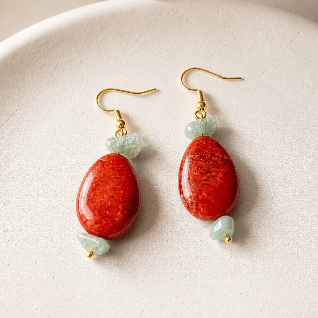 Red Jasper Phoenix Fire & Mint Ice Gemstone Drop Earrings