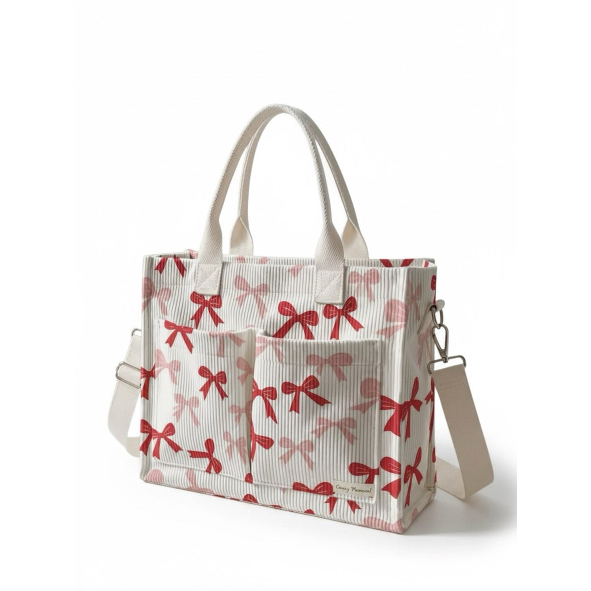 Cream Tote Bag with Red Bow Print
