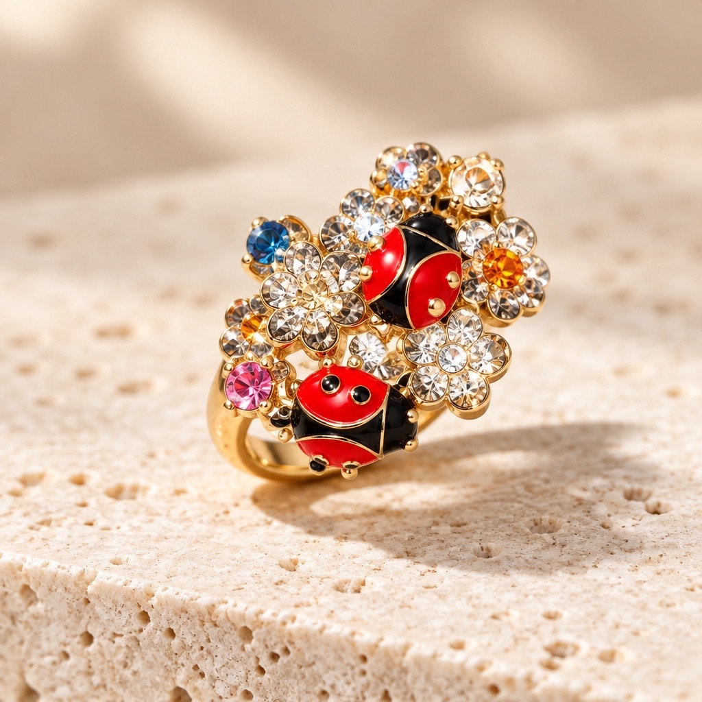 Vintage The Jardin Secret Enamel Ladybug & Crystal Cocktail Ring