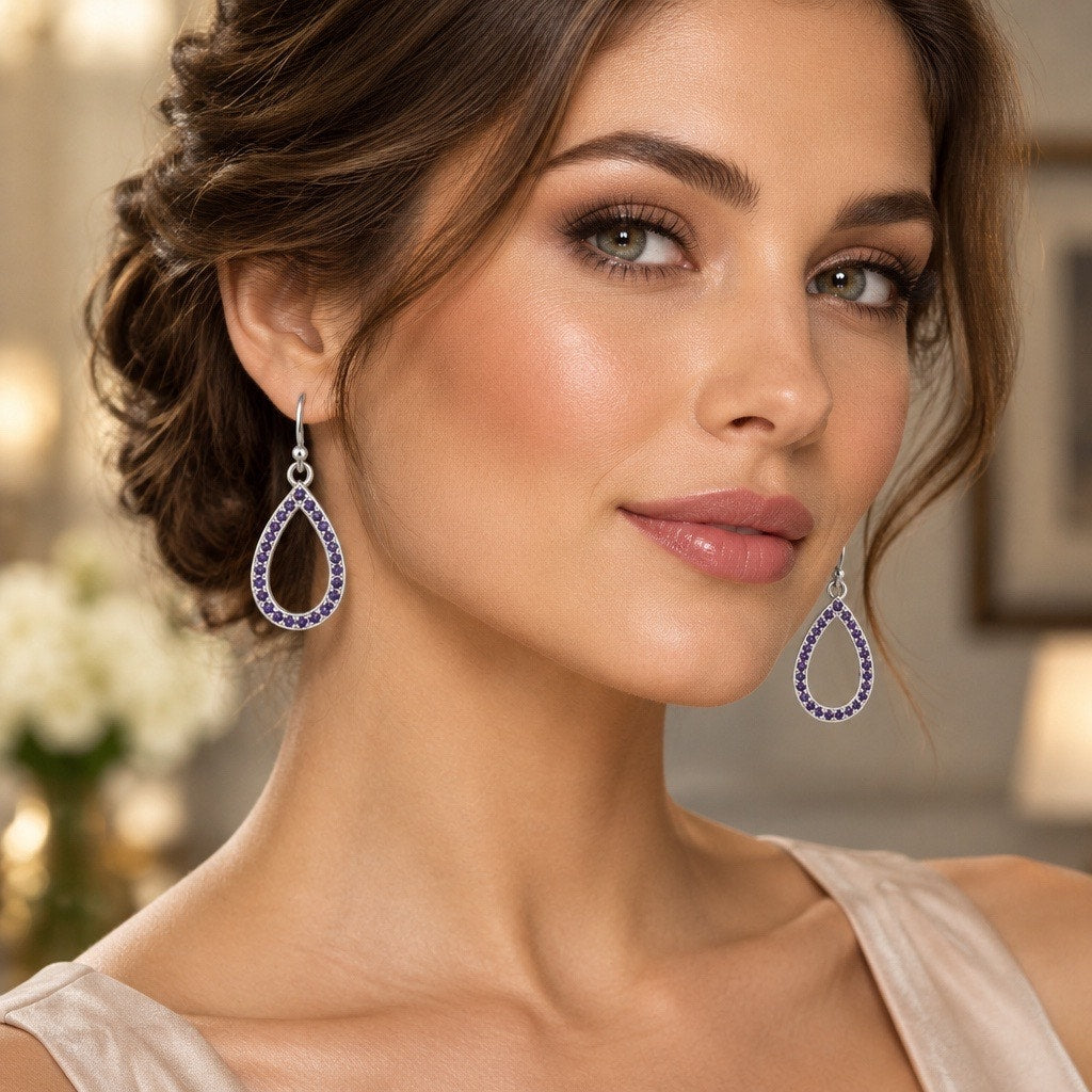 Archival Iolite Halo Dangle Earrings, Sovereign Silver Motif