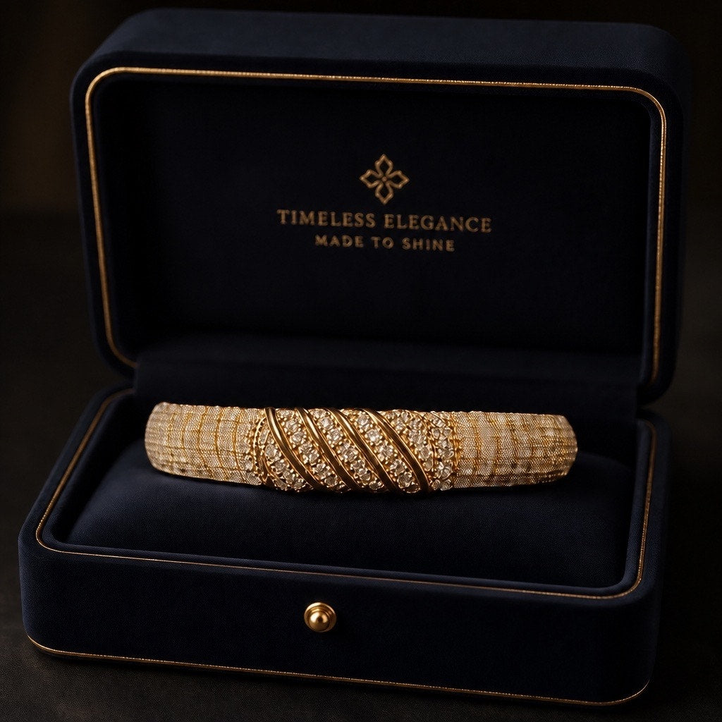 Hollywood Glam Pave Diamond Rhinestone Grooved Gold Plated Clamper Bracelet