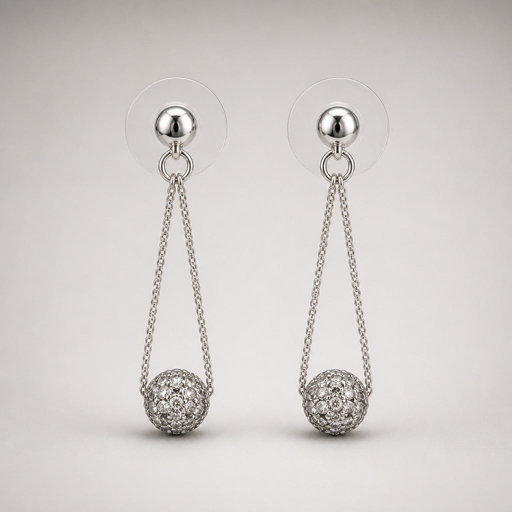 c.1990s Vintage Silvertone Pavé Crystal Disco Ball Drop Earrings