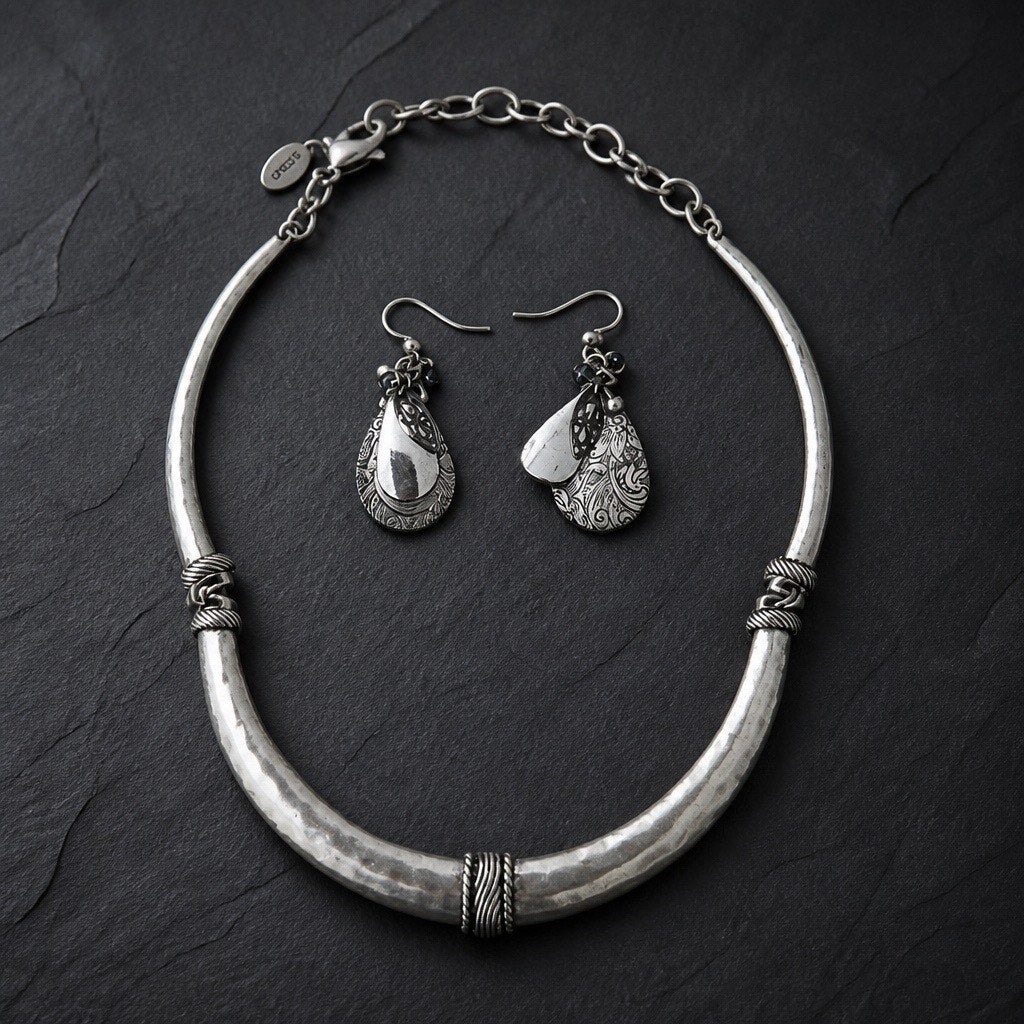 Vintage Chico's Brutalist Wire-Wrapped Silver Statement Collar with Curated Paisley Earrings