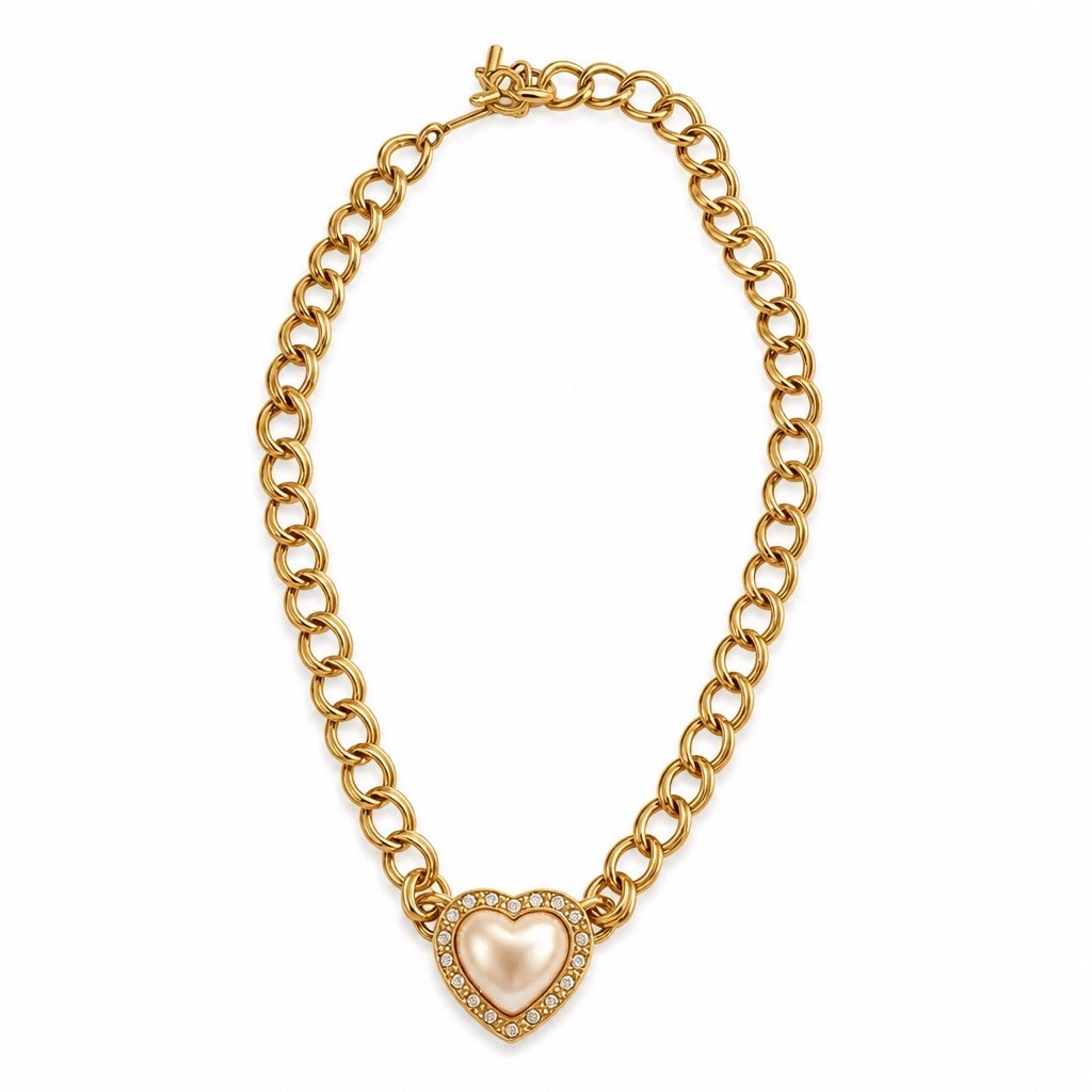 Vintage 1989 Avon Heart of My Heart Mabe Pearl Rhinestone Choker Necklace