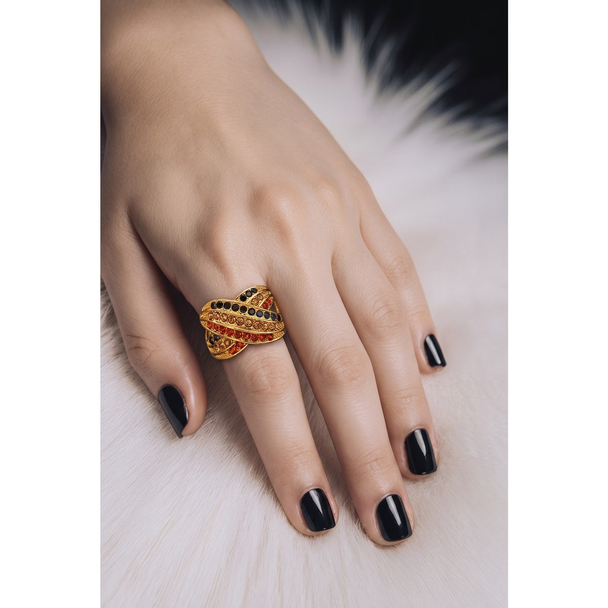 18K Gold Plated Criss Cross Statement Ring with Multi-Color Pavé Crystals