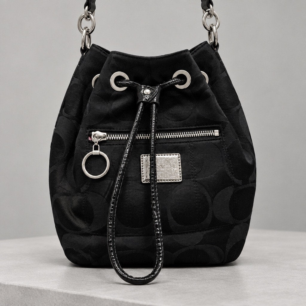 Vintage Coach Signature Bucket Bag | Rare Y2K | Black Jacquard Patent Leather