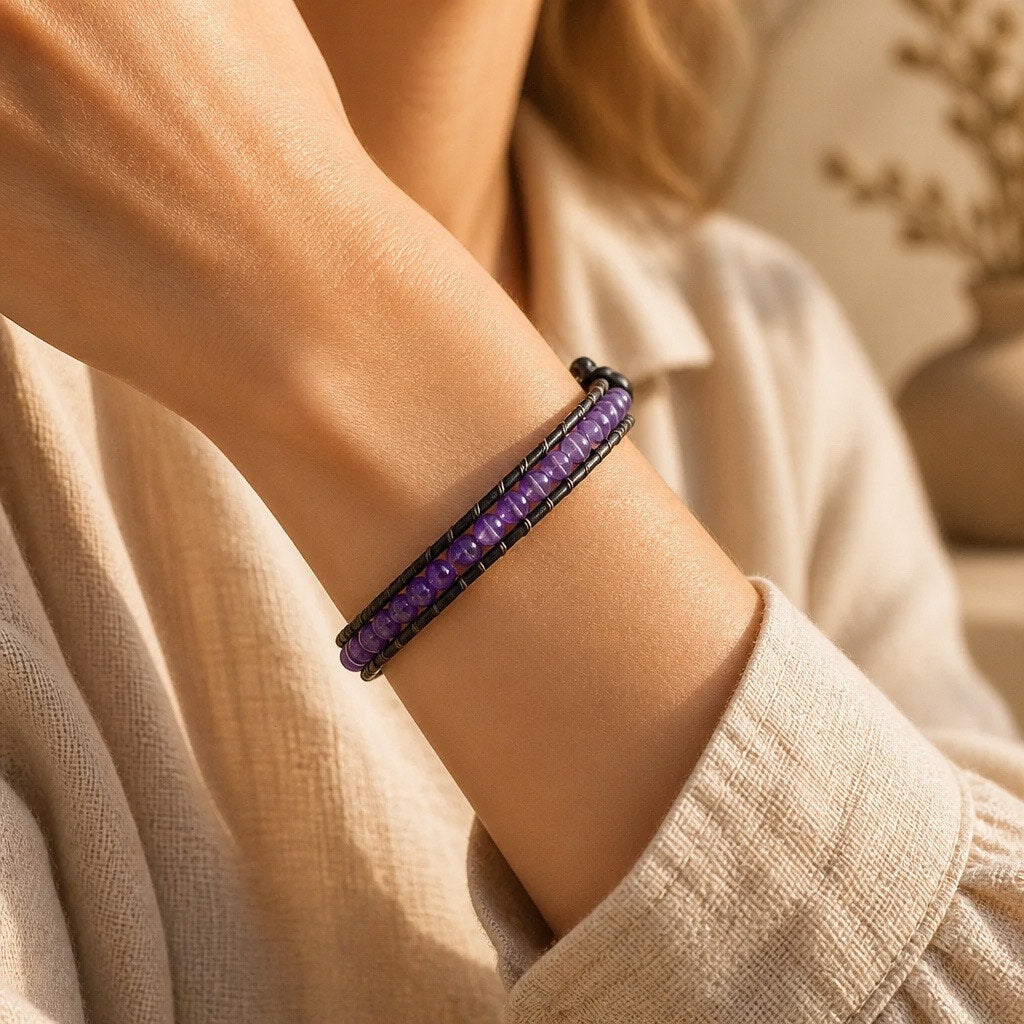 Lulu Dharma Genuine Purple Fluorite Amethyst Leather Single Wrap Bracelet