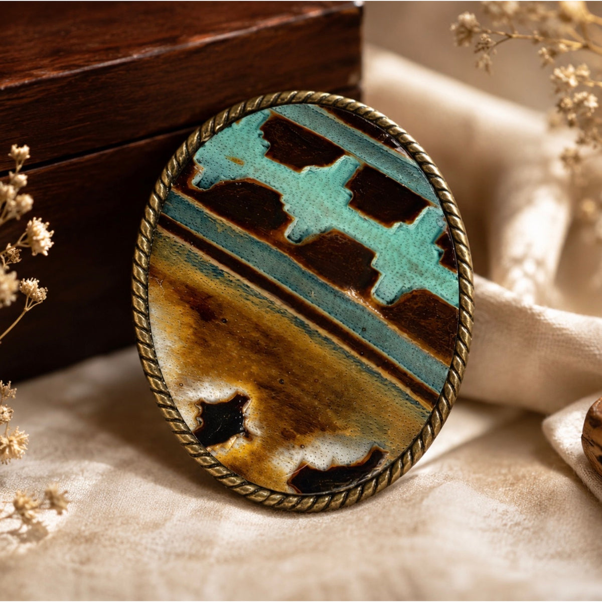 Southwestern Turquoise Western Calfskin Belt Buckle | Oval Rustic Cowboy Belt Buckle