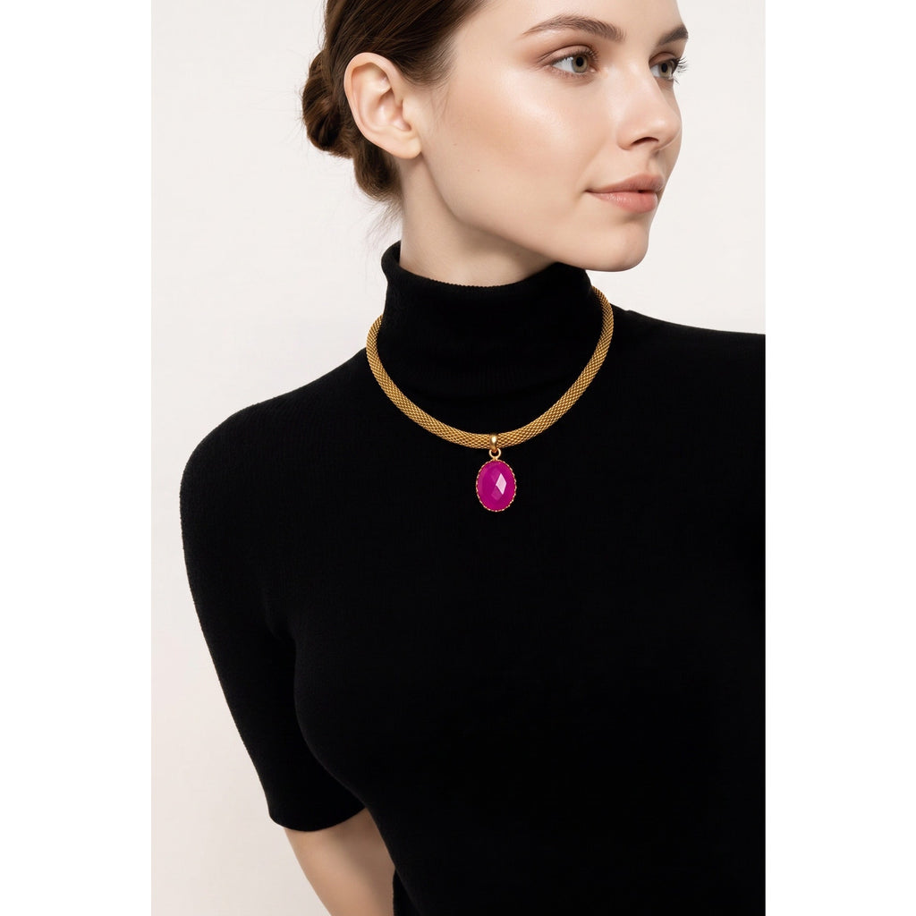 18K Gold Plated Thick Mesh Choker – Translucent Fuchsia Pink Gemstone