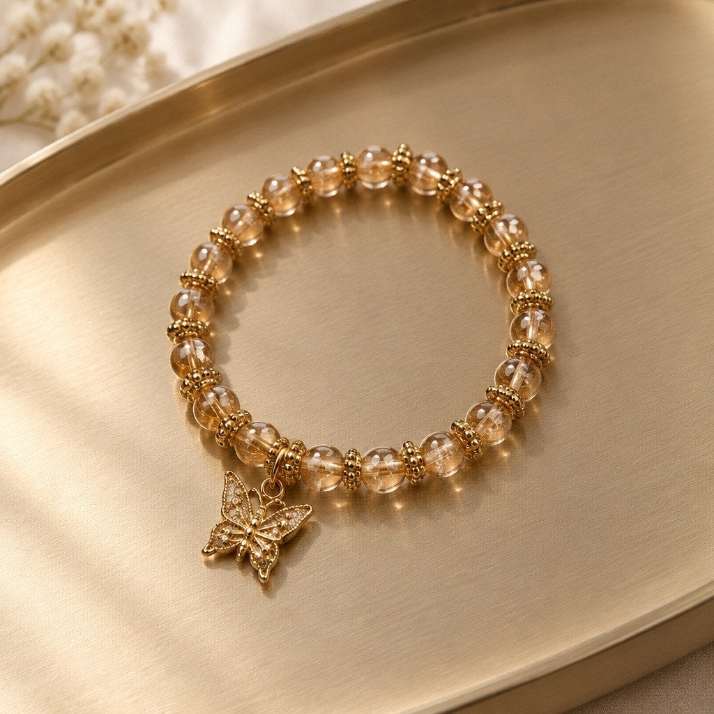 Imperial Amber Faceted Crystal Bracelet with Brilliant Pavé Butterfly Charm