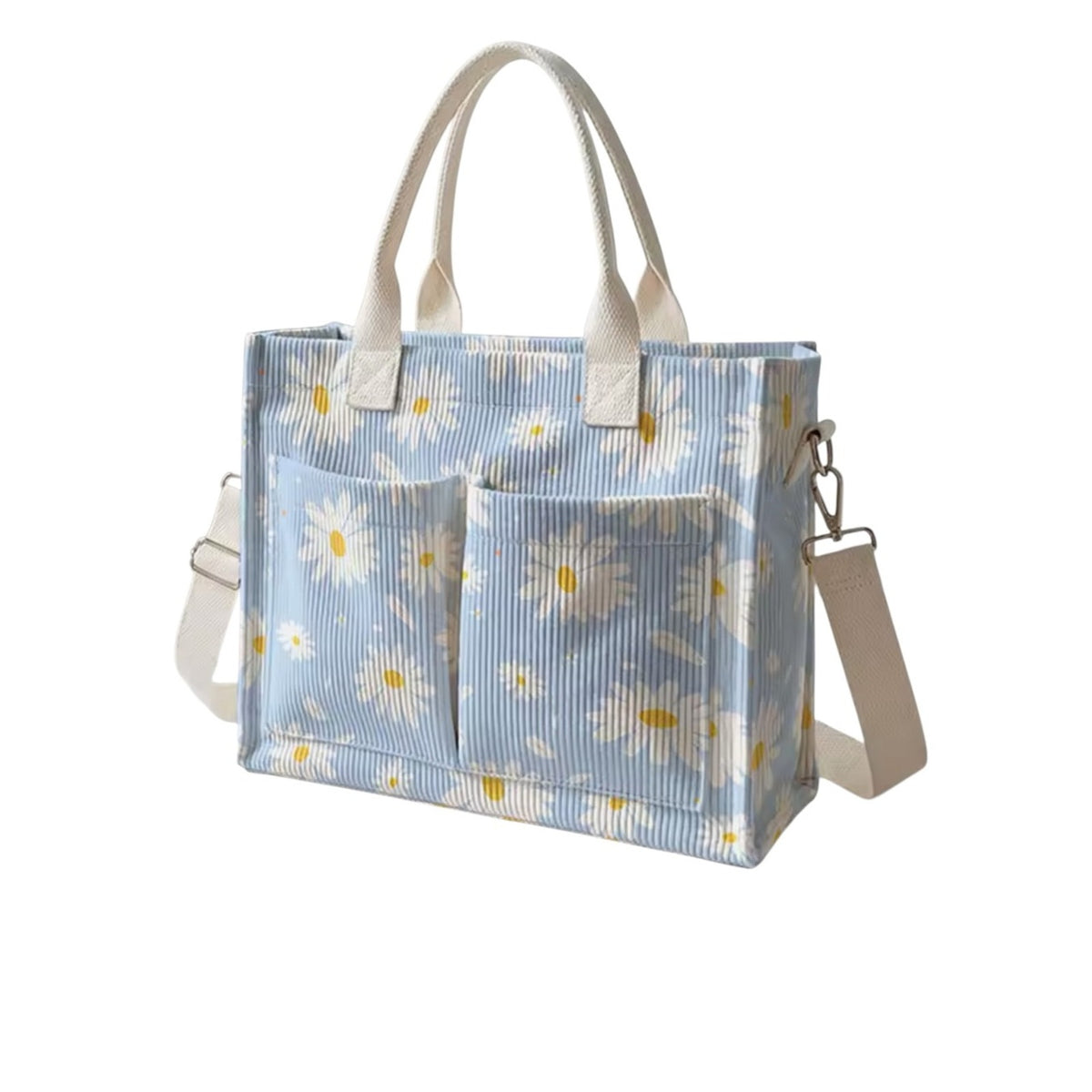 Daisy Print Canvas Tote Bag - Light Blue Excellent quality