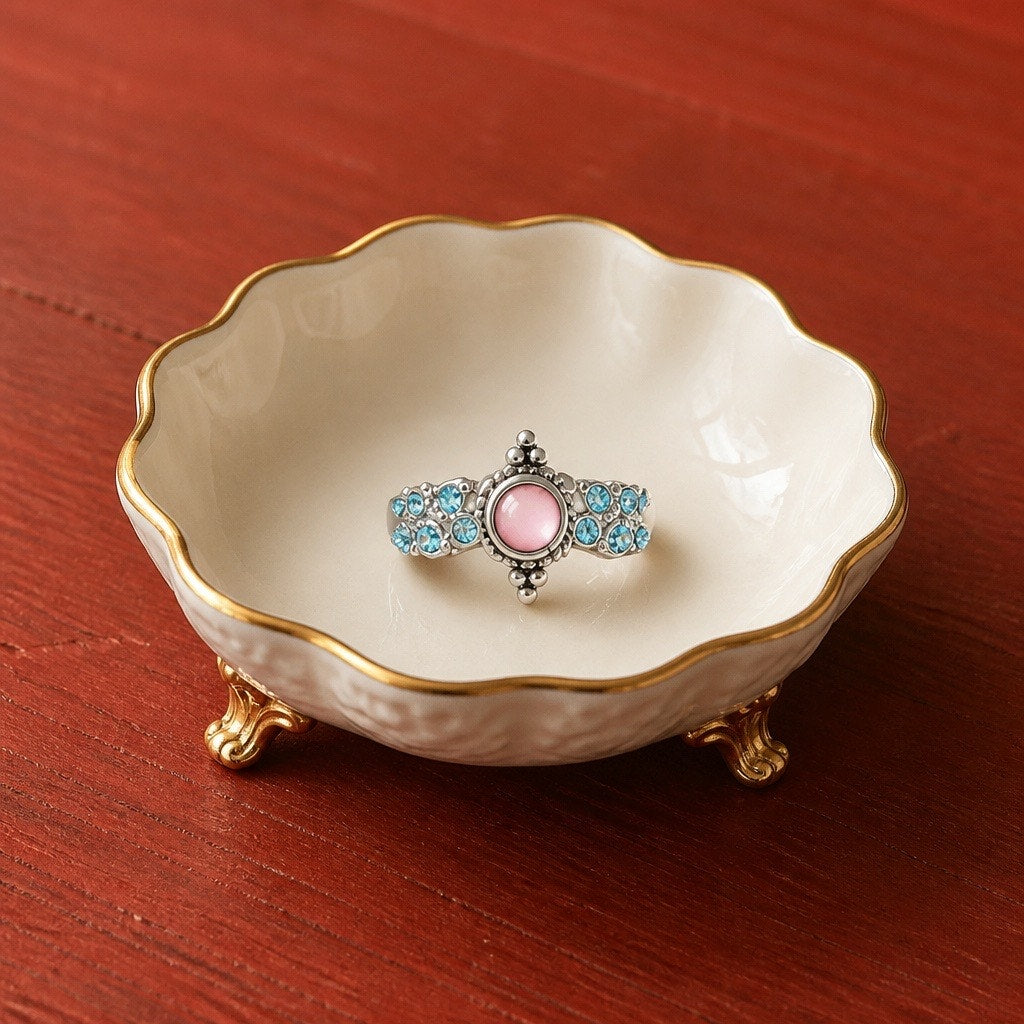 Artisan .925 Sterling Silver Pink Cat's Eye & Blue Crystal Mosaic Ring