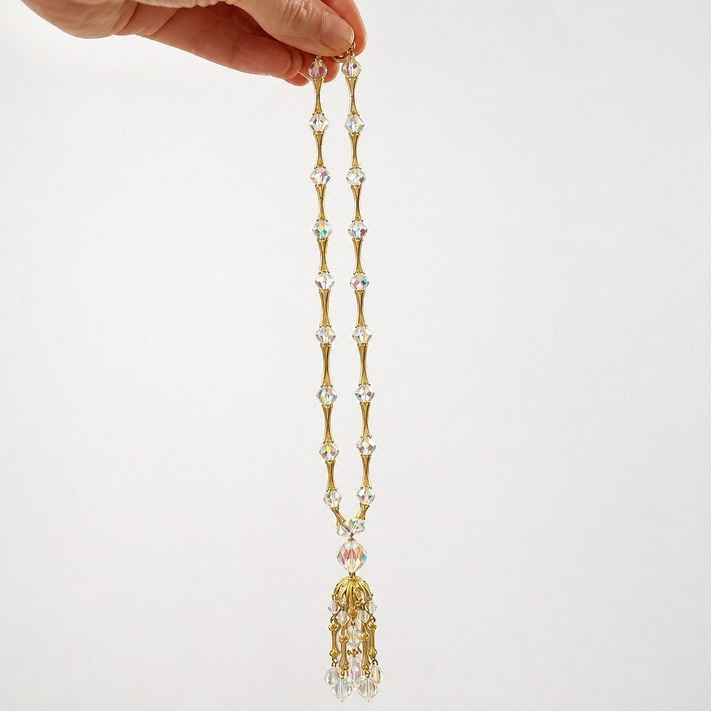 Mid Century Aurora Borealis Crystal Flared Link Tassel Necklace